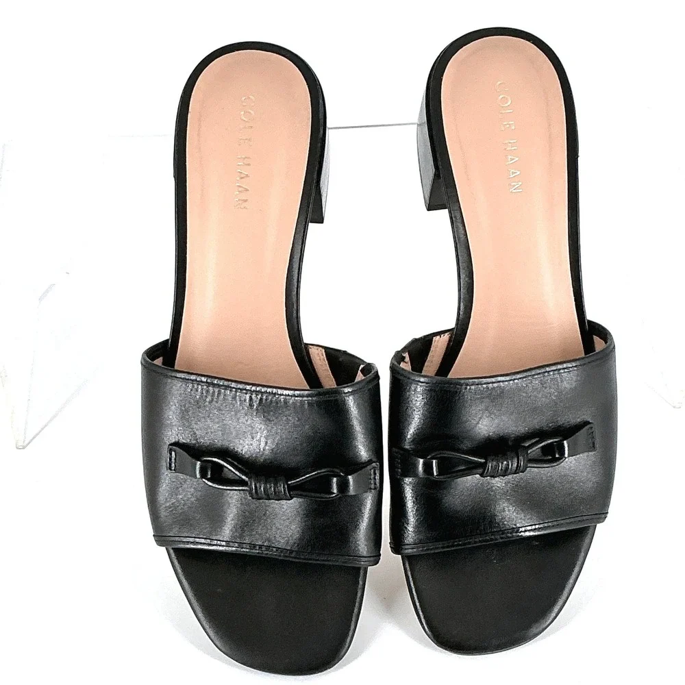 Cole Haan Grand 360 Size 8 Black‎ Leather Knot Slide Sandals Block Heel Womens